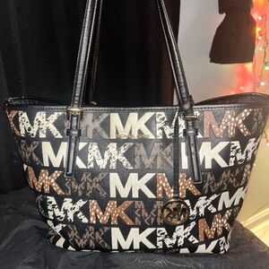 Michael Kors Black and Tan MK Logo Tote